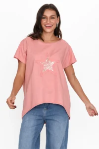 Blue Bungalow Pink Star Sequin Tee