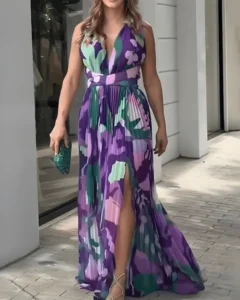 All Over Print Ruched Slit Tied Detail Maxi Dress 