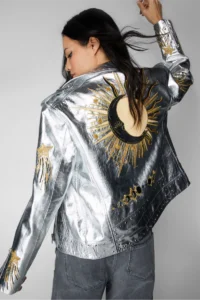 Real Leather Star And Moon Embroidered Jacket 
